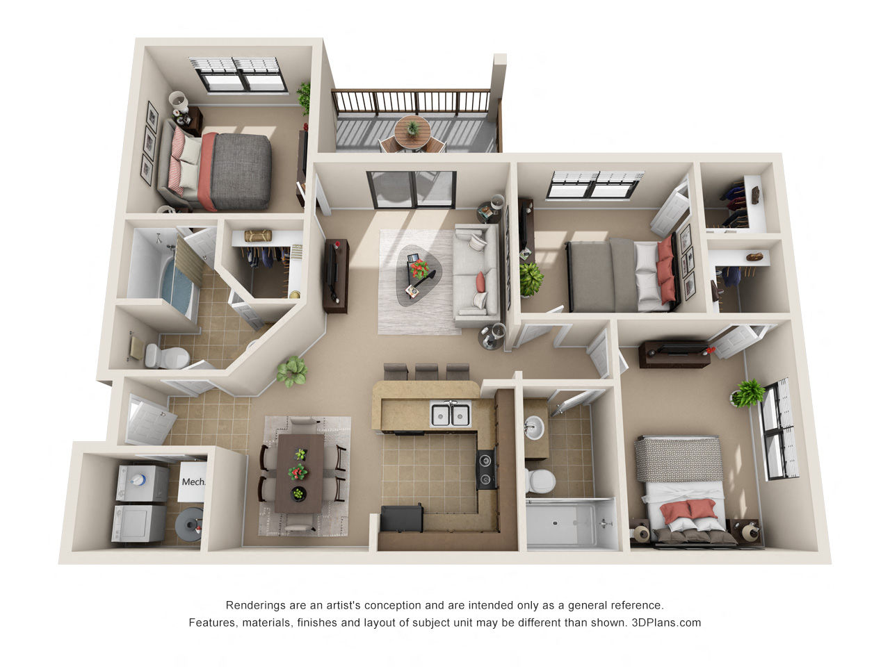 Floor plan for 3 beds, 2 baths, 1184 sqft